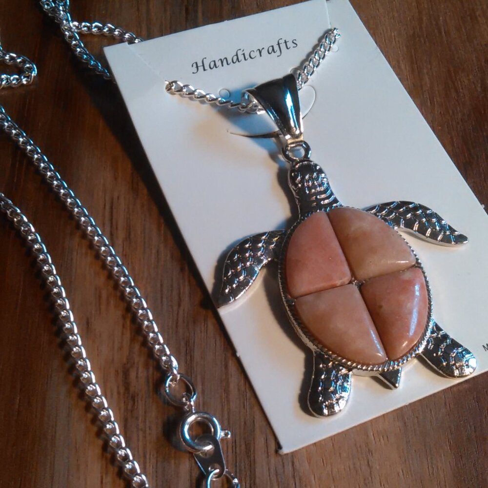 Chili Jasper Turtle Silvertone Necklace (18 Inch)